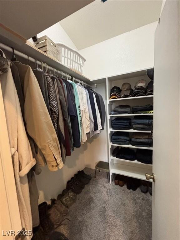 walk in closet featuring carpet and lofted ceiling