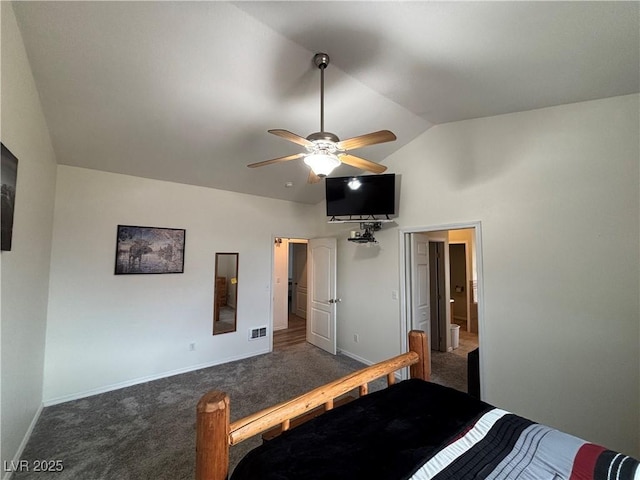 bedroom featuring dark colored carpet, visible vents, baseboards, and ceiling fan