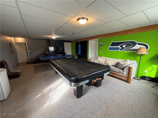 recreation room featuring a paneled ceiling, billiards, and carpet