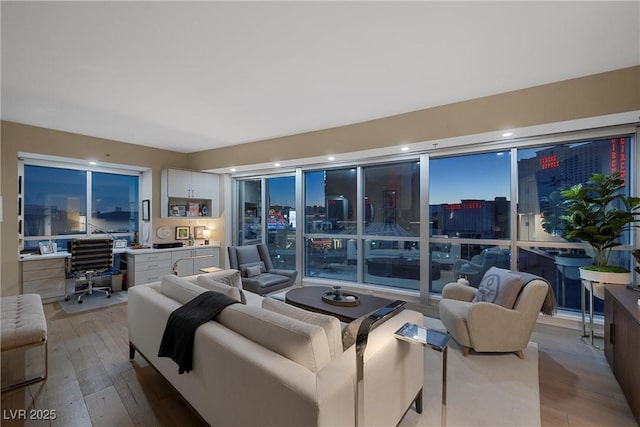 living room with light wood-type flooring and a city view