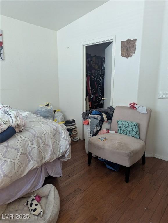 bedroom with dark wood-type flooring, a closet, and a spacious closet