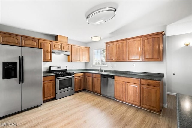 kitchen with appliances with stainless steel finishes, dark countertops, brown cabinetry, and under cabinet range hood