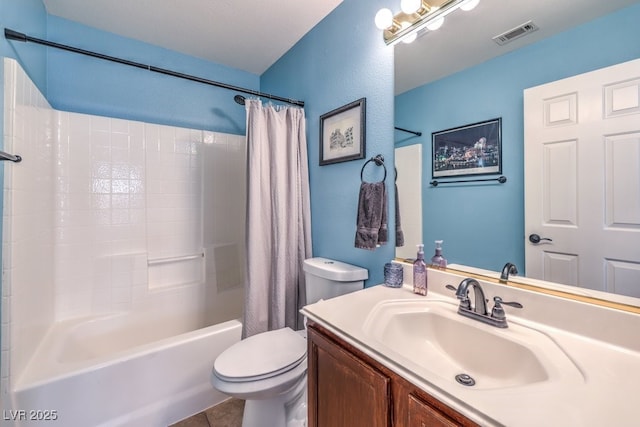 bathroom featuring visible vents, toilet, shower / bath combo, vanity, and tile patterned floors