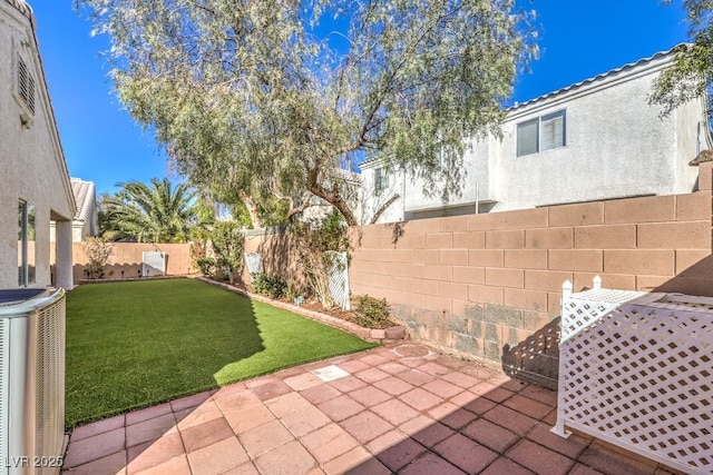 view of yard featuring central AC, a patio, and a fenced backyard