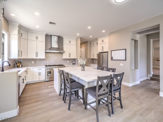 kitchen with a kitchen island, a sink, visible vents, wall chimney range hood, and high end appliances