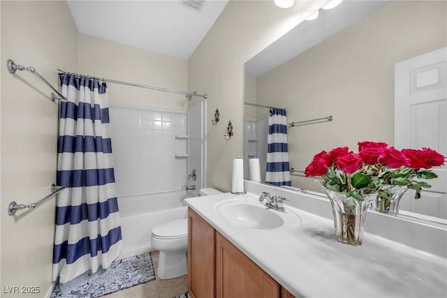 full bath with shower / tub combo with curtain, visible vents, toilet, vanity, and tile patterned floors