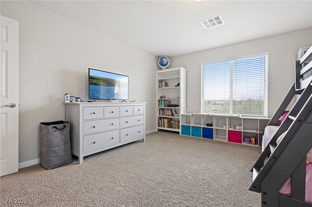 recreation room featuring visible vents, carpet floors, and baseboards