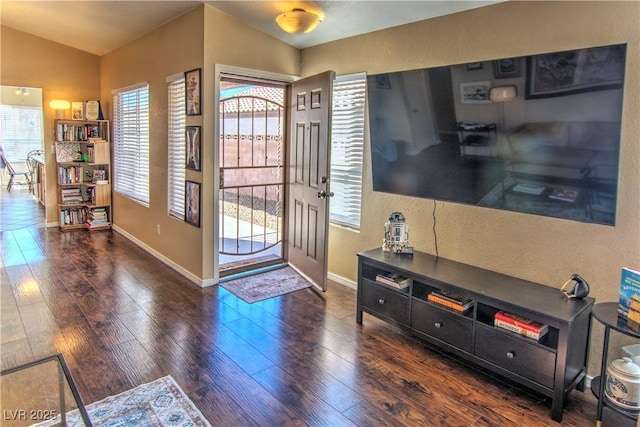 entrance foyer featuring dark wood-type flooring, lofted ceiling, a textured wall, and baseboards