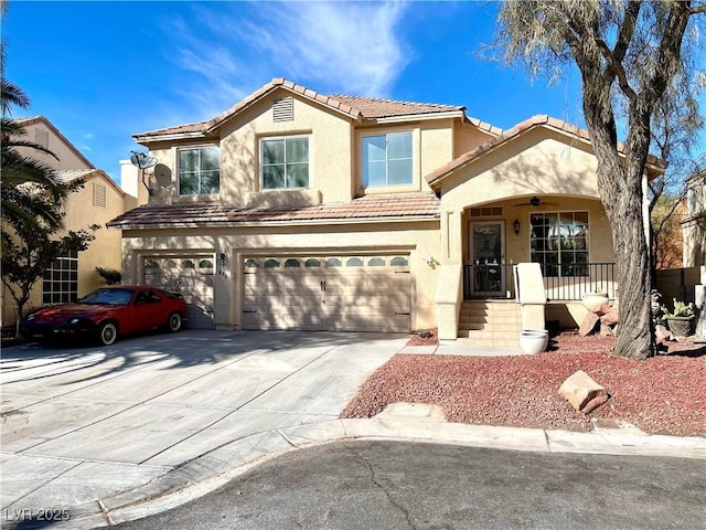 view of front of home with concrete driveway, a tiled roof, an attached garage, a porch, and stucco siding