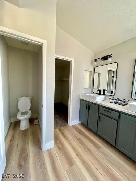 full bath with a walk in closet, toilet, vaulted ceiling, a sink, and wood finished floors