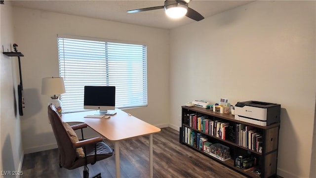 home office featuring dark wood-type flooring, ceiling fan, and baseboards