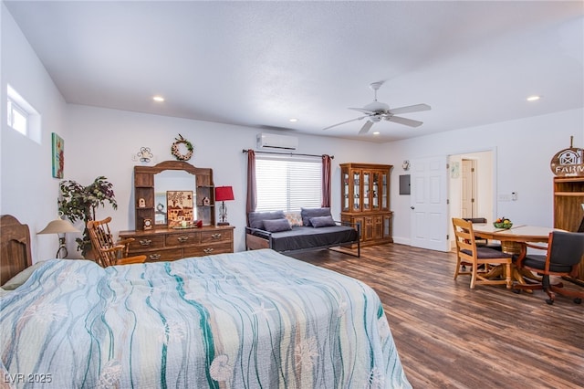 bedroom featuring ceiling fan, a wall mounted AC, dark wood finished floors, and recessed lighting