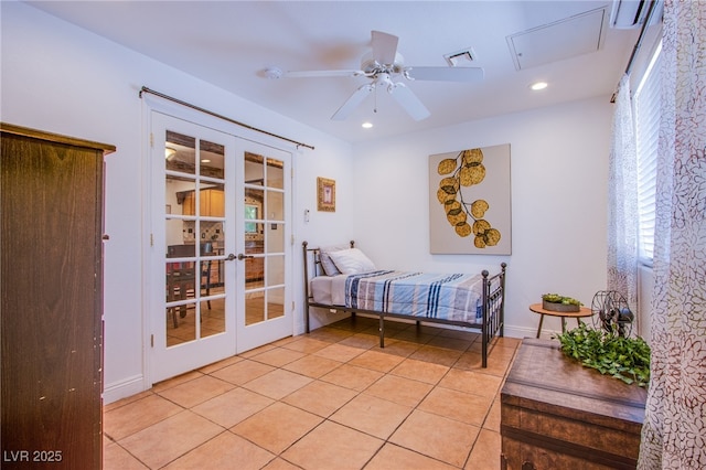 bedroom featuring light tile patterned floors, ceiling fan, recessed lighting, visible vents, and french doors