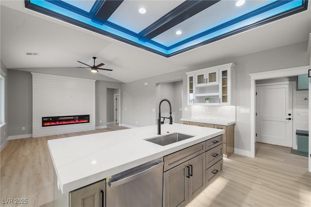 kitchen with a sink, a fireplace, light wood-type flooring, and stainless steel dishwasher