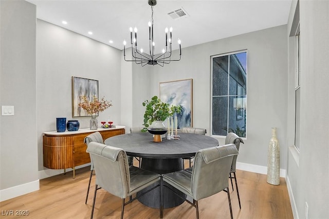 dining area featuring light wood-style flooring, visible vents, baseboards, and recessed lighting