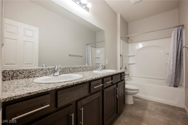 bathroom featuring toilet, double vanity, a sink, and shower / tub combo with curtain