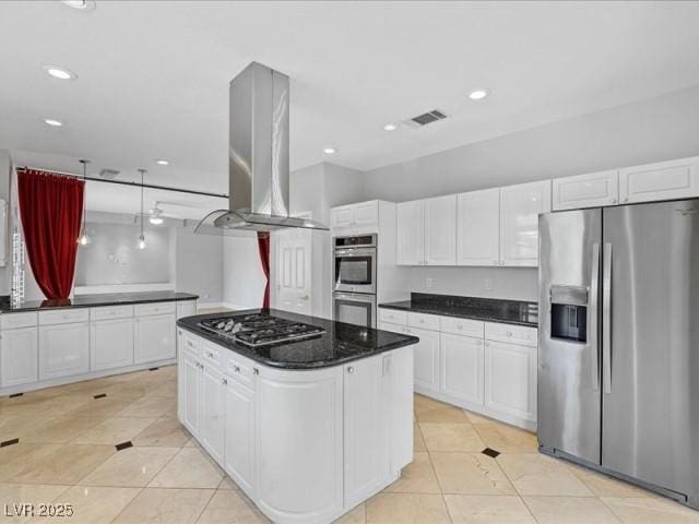 kitchen featuring recessed lighting, visible vents, white cabinetry, appliances with stainless steel finishes, and island exhaust hood