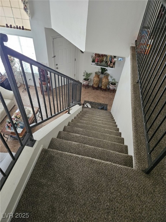 stairway with a towering ceiling