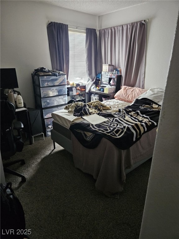 carpeted bedroom with a textured ceiling