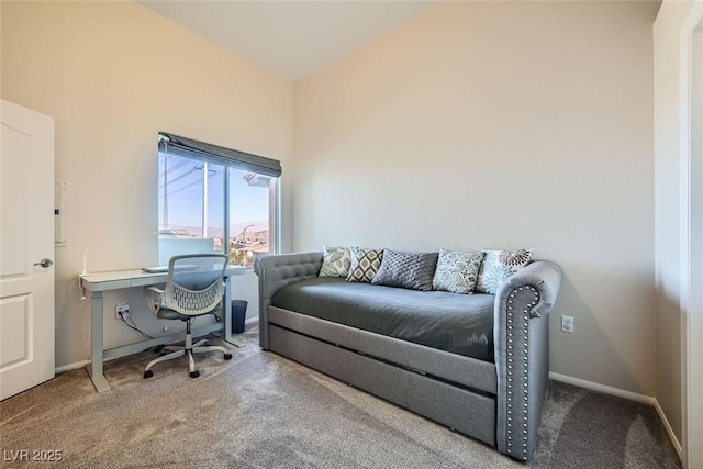 home office with baseboards and carpet flooring