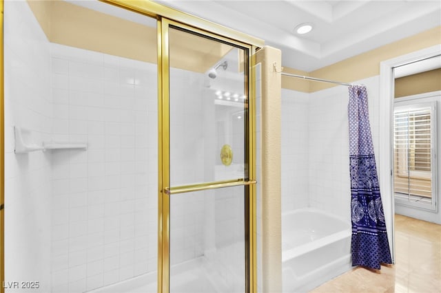 full bathroom with a bathing tub, tiled shower, and tile patterned floors