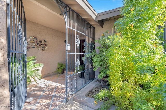 doorway to property with a gate and stucco siding