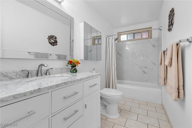 bathroom with toilet, shower / bathtub combination with curtain, tile patterned flooring, and vanity