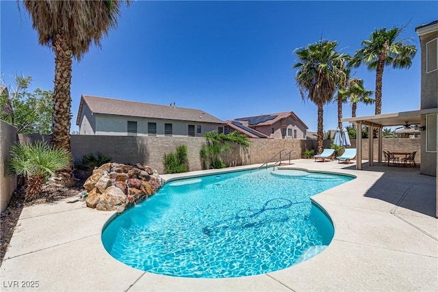 view of swimming pool featuring a fenced in pool, a fenced backyard, and a patio