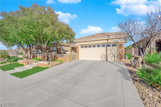 ranch-style home with a garage, driveway, fence, and stucco siding