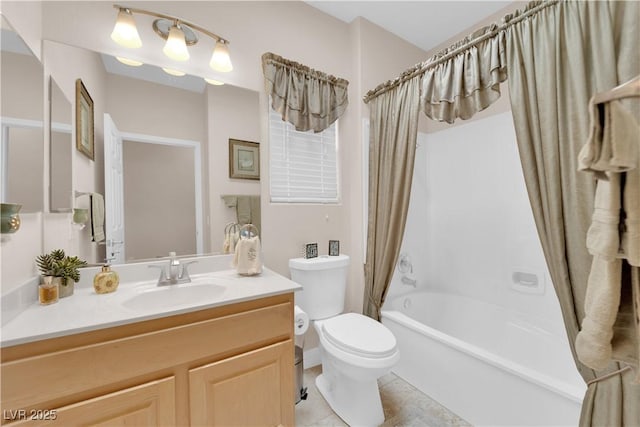 full bath featuring toilet, tile patterned flooring, shower / bath combo, and vanity