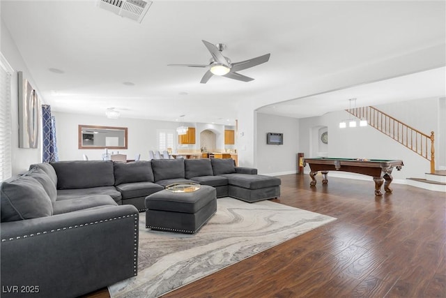 living room with visible vents, stairway, wood finished floors, billiards, and baseboards