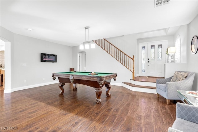 rec room with billiards, dark wood finished floors, visible vents, and baseboards