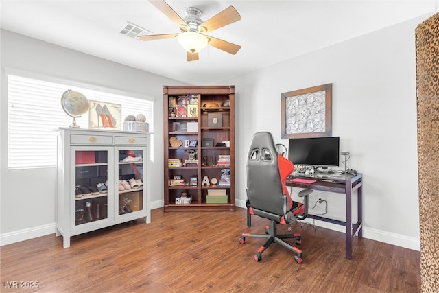 home office with visible vents, wood finished floors, a ceiling fan, and baseboards