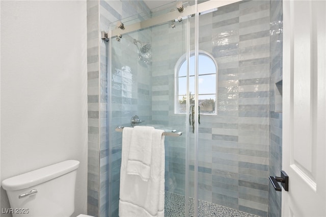 bathroom with a stall shower and toilet