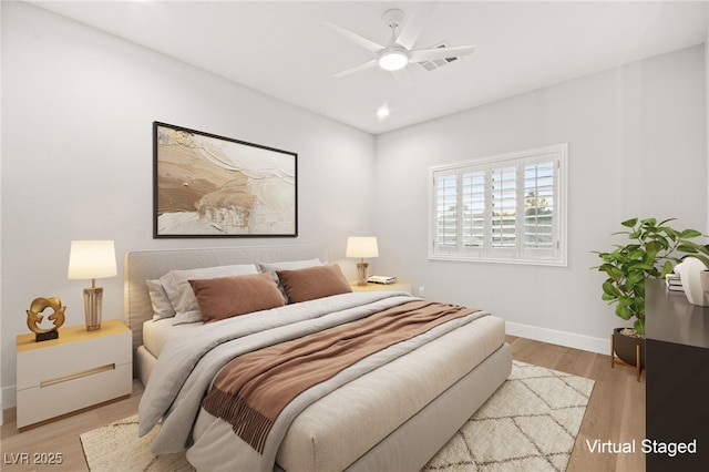 bedroom featuring visible vents, baseboards, a ceiling fan, light wood-style flooring, and recessed lighting