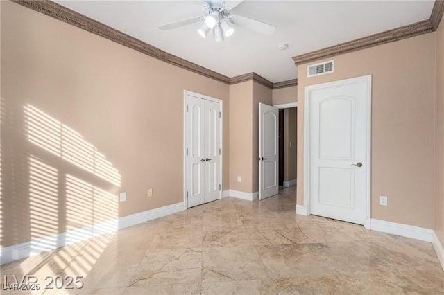 unfurnished bedroom with ceiling fan, visible vents, baseboards, marble finish floor, and ornamental molding