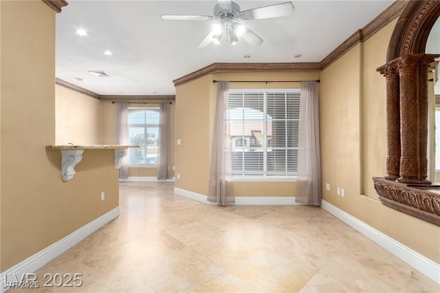 unfurnished room featuring baseboards, visible vents, a ceiling fan, ornamental molding, and recessed lighting