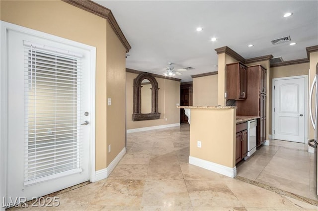 kitchen with dishwasher, a ceiling fan, visible vents, and crown molding