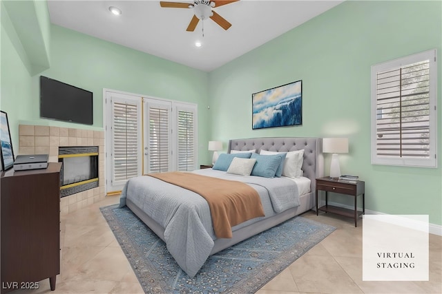 8629 Estrelita Dr, Las Vegas, NV 89128 - bedroom with tile patterned floors, a fireplace, baseboards, a ceiling fan, and recessed lighting