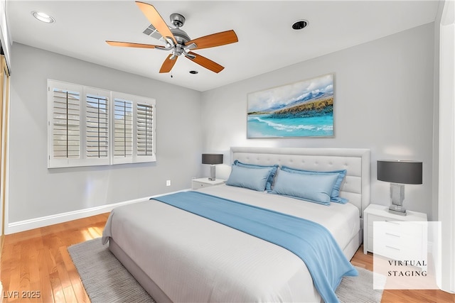 8629 Estrelita Dr, Las Vegas, NV 89128 - bedroom featuring wood finished floors, baseboards, recessed lighting, and a ceiling fan