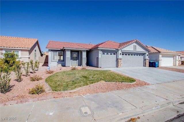 view of front of property with a tile roof, stucco siding, concrete driveway, an attached garage, and a front lawn