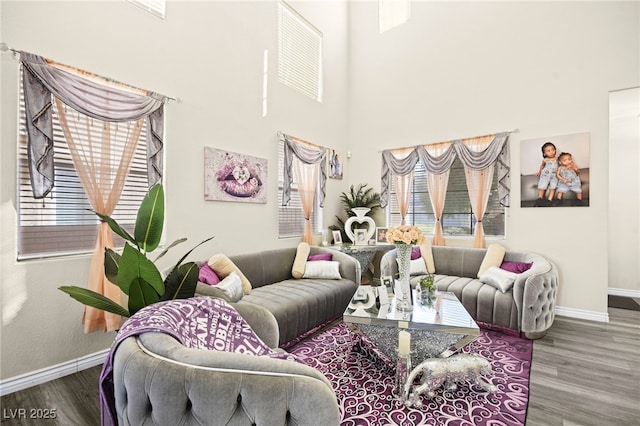 living room featuring a high ceiling, wood finished floors, and baseboards