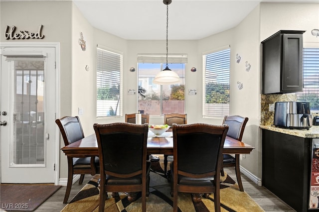 dining area featuring dark wood-style flooring and baseboards