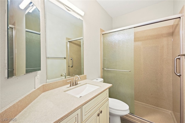 full bathroom with toilet, a stall shower, and vanity