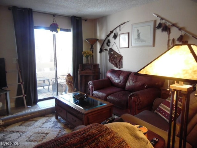 living room with a textured ceiling