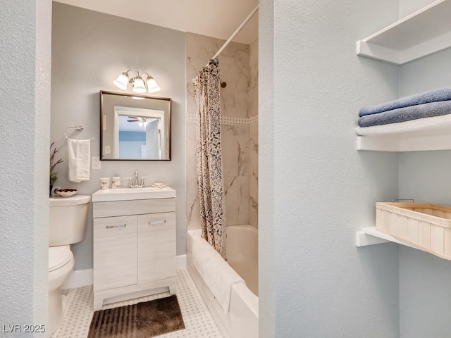 bathroom with baseboards, toilet, tile patterned flooring, shower / bath combo with shower curtain, and vanity