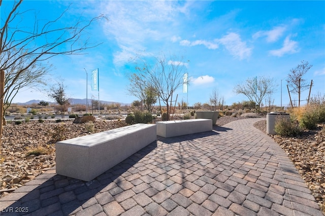 view of patio featuring a mountain view