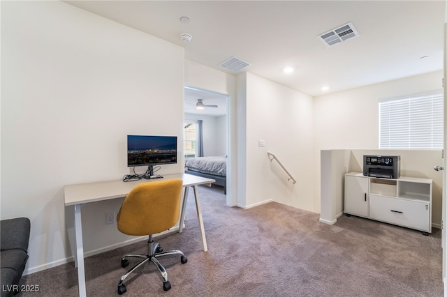 home office featuring carpet, visible vents, baseboards, and recessed lighting