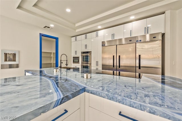 kitchen featuring light stone countertops, stainless steel appliances, a tray ceiling, and white cabinets