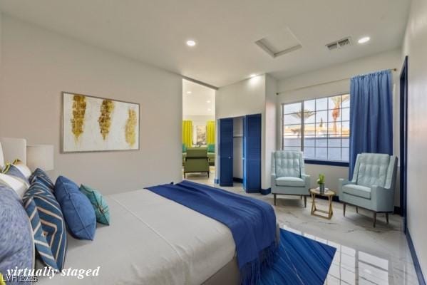 bedroom featuring attic access, recessed lighting, and visible vents